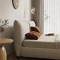 Modern Bedroom Interior With White Headboard Brown Cushions Lamp Side Table And Curtains