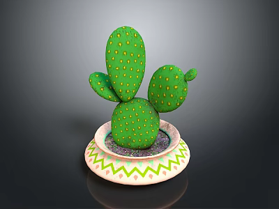 Green Cactus With Paddle Shaped Stems Yellow Dots In Decorative Pot With Colorful Geometric Patterns 3d model