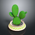 Green Cactus With Paddle Shaped Stems Yellow Dots In Decorative Pot With Colorful Geometric Patterns