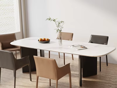 Modern Oval White Dining Table Set With Various Colored Chairs Fruit Bowl Vase And Magazine 3d model