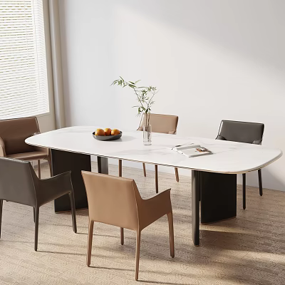 Modern Oval White Dining Table Set With Various Colored Chairs Fruit Bowl Vase And Magazine 3d model
