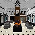 Elegant Clothing Store Interior With Decorative Ceiling Chandelier Clothing Racks And Checkered Floor