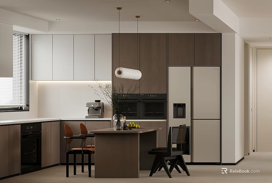 Modern Restaurant Interior Design With Open Layout Dining Table Chairs And Cabinets 3d model 