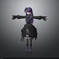 Woman With Long Purple Hair In Black Frilled Dress And Flower Headpiece Stretching Arms