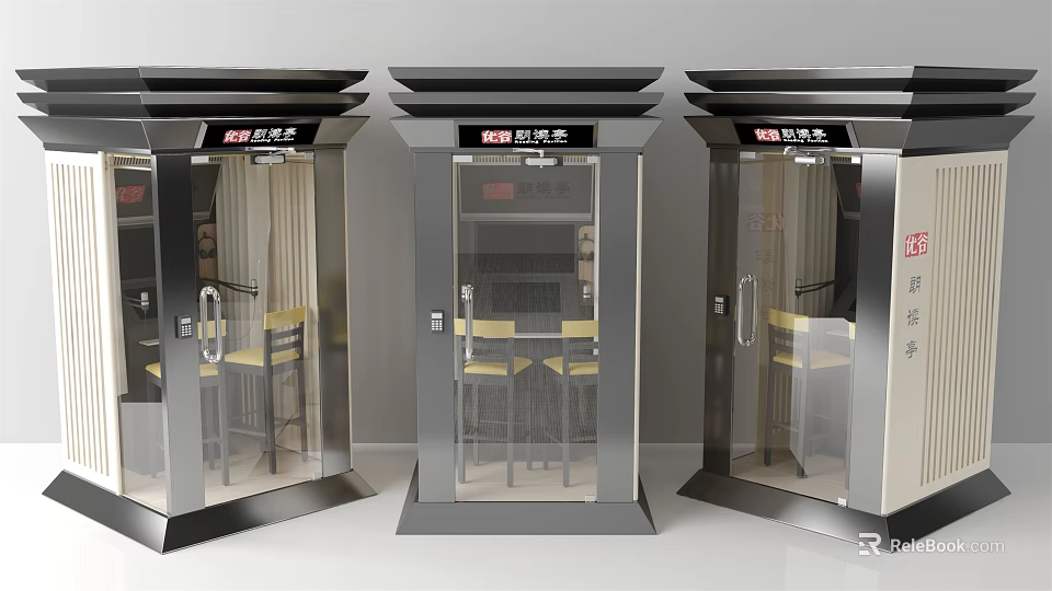 Modern Commercial Soundproof Office Booths With Stainless Steel Frame Glass Doors And Interior Desk Chair 3d model 