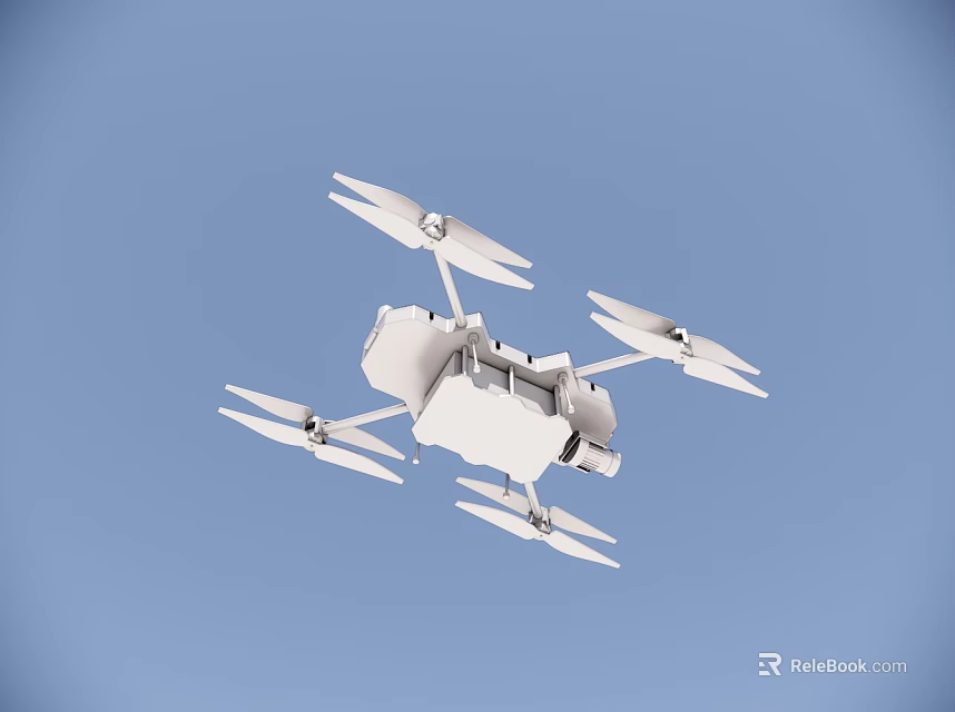 White Quadcopter Drone Flying in Clear Blue Sky with Four Propellers 3d model
