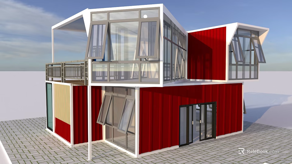 Modern Red and White Container Building with Large Glass Windows and Balcony Railings 3d model 