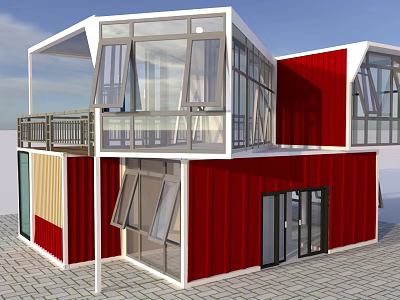 Modern Red and White Container Building with Large Glass Windows and Balcony Railings 3d model