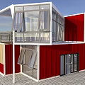 Modern Red and White Container Building with Large Glass Windows and Balcony Railings