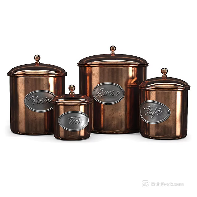 Copper Colored Ceramic Storage Containers with Lids Labeled Flour Sugar Tea for Kitchen 3d model 