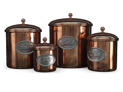 Copper Colored Ceramic Storage Containers with Lids Labeled Flour Sugar Tea for Kitchen 3d model