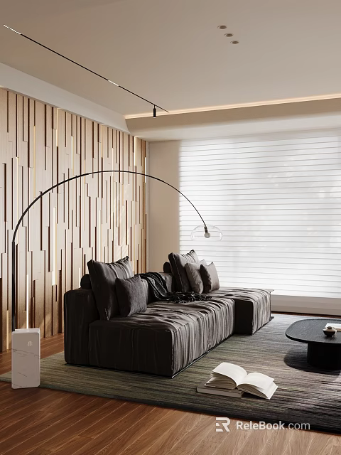 Modern Living Room Interior With Wooden Striped Wall Dark Gray Sofa And Floor Arc Lamp 3d model 
