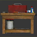 Wooden Workbench With Red Toolbox Hammer Screwdriver Orange Tool Blue Bottle And Metal Bucket