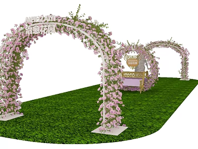 Decorative Event Archway Adorned With Pink Flowers Green Grass And Small Table 3d model