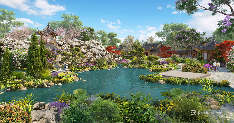 Traditional Chinese Ancient Architecture Garden Featuring Pond Rockery and Lush Green Landscape 3d model 
