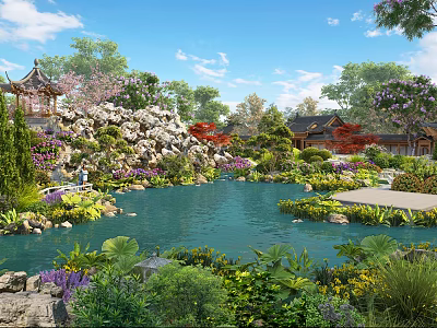 Traditional Chinese Ancient Architecture Garden Featuring Pond Rockery and Lush Green Landscape 3d model