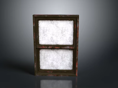 Snow Scene Through Old Wooden Window Frame Double Panes Red Rust Dark Background Reflection 3d model