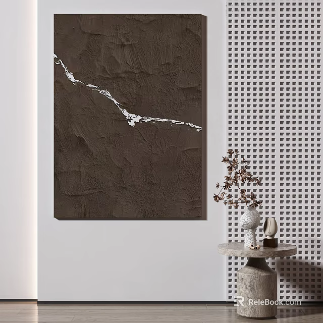 Brown Abstract Painting With White Cracked Pattern And Decorative Vase On Small Table 3d model