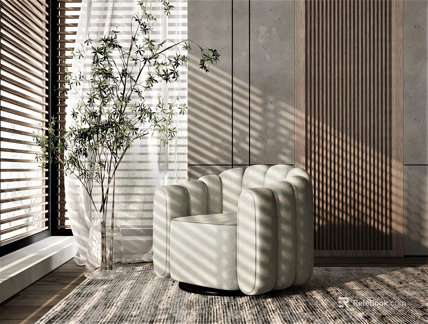Elegant Modern Curved Beige Upholstered Single Sofa By Window With Green Plant And Sunlight Shadows 3d model 