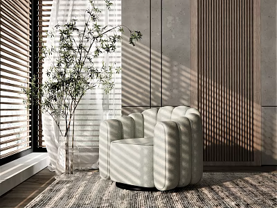 Elegant Modern Curved Beige Upholstered Single Sofa By Window With Green Plant And Sunlight Shadows 3d model