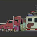 Pink And Beige Cartoon Food Truck With Chimney Sandbags Staircase And Fire Pit