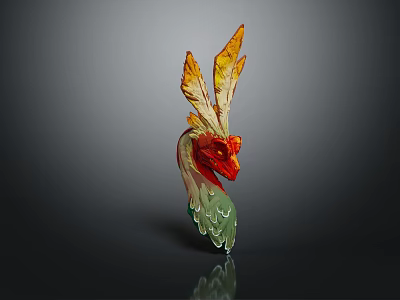 Vibrant Mythical Bird Creature Sculpture With Feathered Head And Red Yellow Green Plumage 3d model