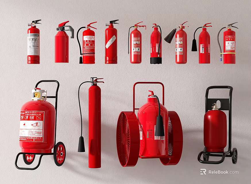Different Types Of Red Fire Safety Equipment With Portable And Wheeled Extinguishers 3d model 