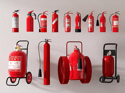 Different Types Of Red Fire Safety Equipment With Portable And Wheeled Extinguishers 3d model