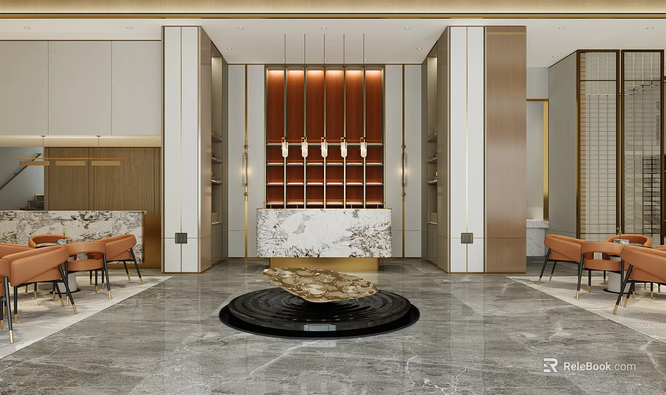 Elegant Modern Reception Area Interior With Marble Desk Hanging Chandelier And Orange Chairs 3d model 