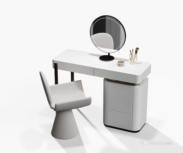 Modern White Dressing Table With Round Mirror Chair Drawers And Makeup Brushes 3d model 