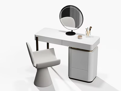 Modern White Dressing Table With Round Mirror Chair Drawers And Makeup Brushes 3d model
