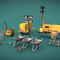 Essential Building Construction Tools Including Wheelbarrows Mixer And Light Tower 3d model