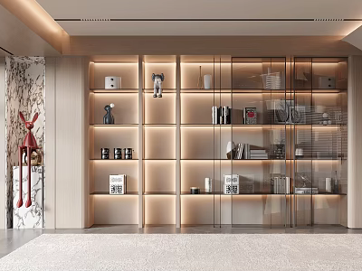Modern Interior With Sleek Decorative Cabinet Featuring Glass Doors And Displayed Items 3d model