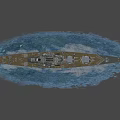 Large Military Battleship Sailing on Blue Ocean with Turrets and Waves