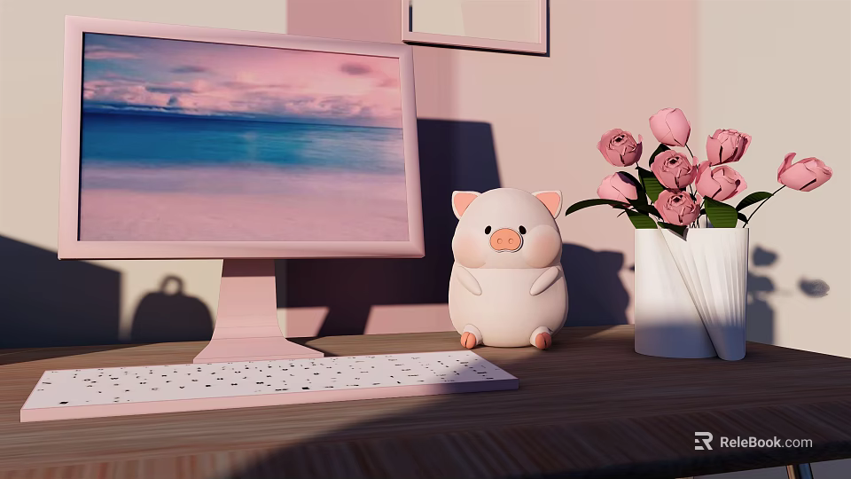 Cute Decorative Ornament Set with Piggy Figurine Pink Roses and White Vase on Wooden Desk 3d model 