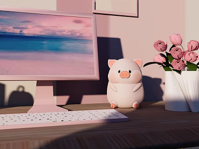 Cute Decorative Ornament Set with Piggy Figurine Pink Roses and White Vase on Wooden Desk 3d model