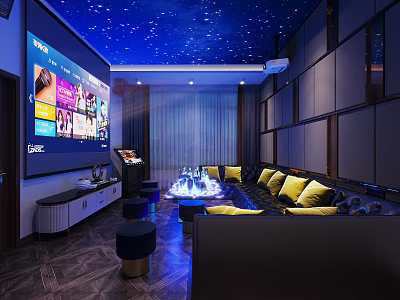 Modern KTV Room Featuring Starry Ceiling Large Screen Yellow Cushions And Ambient Lighting 3d model