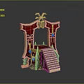 Ornate Red And Gold Decorative Gate Structure With Staircase And Metal Accents