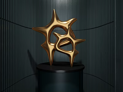 Golden Abstract Sculpture with Star Shaped Design on Black Pedestal Against Dark Vertical Striped Wall 3d model