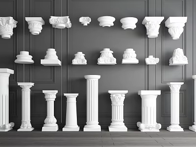 White Classical Roman Columns With Various Capitals And Wall Display Design 3d model