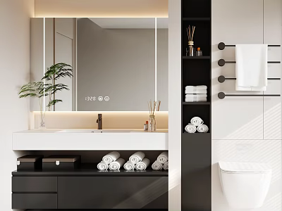 Modern Bathroom Cabinet with LED Mirror and Towel Rack Featuring Rolled Towels and Green Plant 3d model
