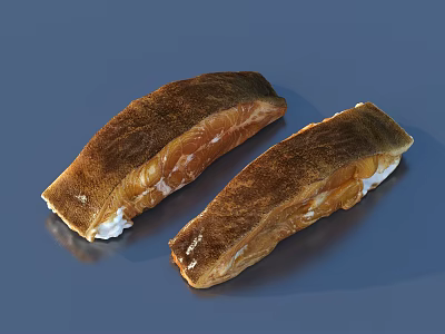 Fresh Raw Salmon Fillets With Brown Skin And Orange Red Flesh On Blue Surface 3d model