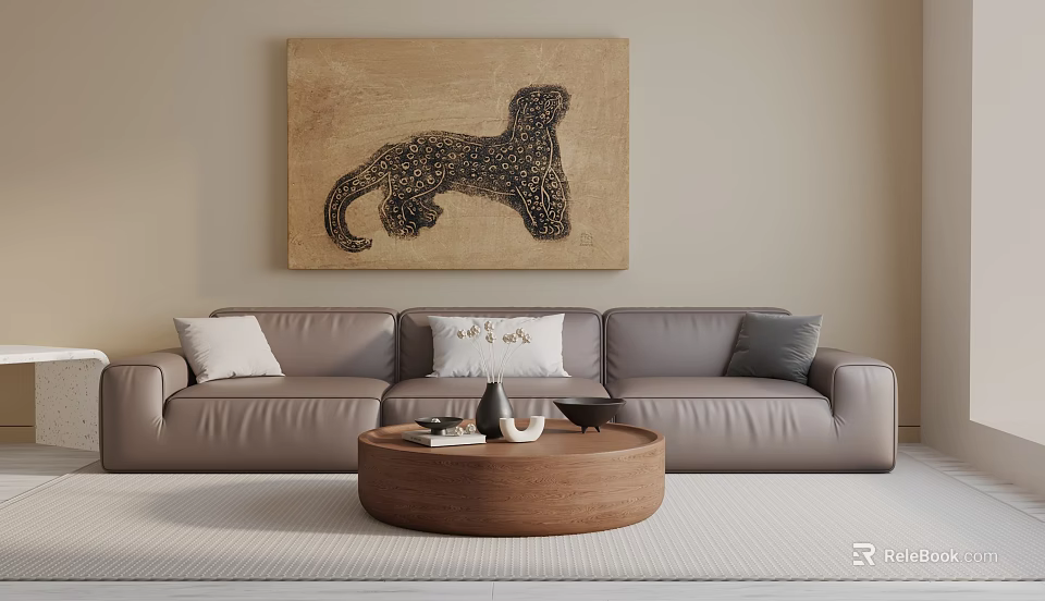 Light Three Seater Leather Sofa with White Grey Cushions Leopard Painting and Wooden Coffee Table 3d model 