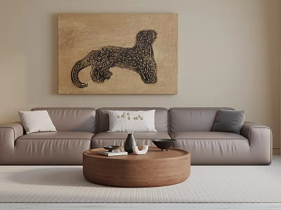 Light Three Seater Leather Sofa with White Grey Cushions Leopard Painting and Wooden Coffee Table 3d model