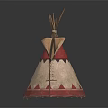 Traditional Tepee Tent With Red And Beige Canvas Decorative Pattern And Wooden Poles