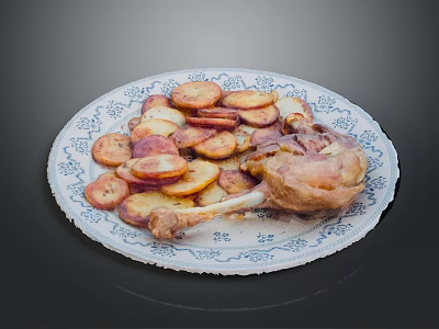 Household Dinner Plate With Blue White Pattern And Roasted Chicken Leg Potato Slices 3d model