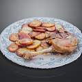 Household Dinner Plate With Blue White Pattern And Roasted Chicken Leg Potato Slices