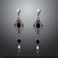 Elegant Women's Earrings with White Pearl Drops Red Gemstones and Silver Filigree Design