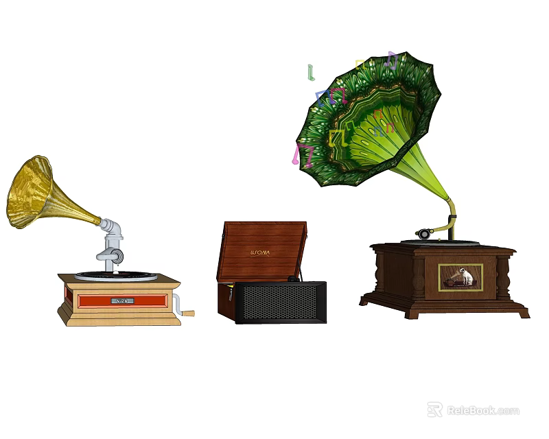Vintage Headphone Speaker with Decorative Horn and Classic Wooden Base Design 3d model 