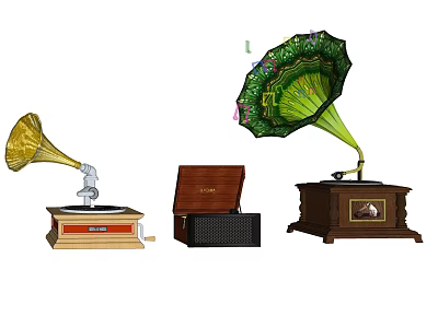 Vintage Headphone Speaker with Decorative Horn and Classic Wooden Base Design 3d model